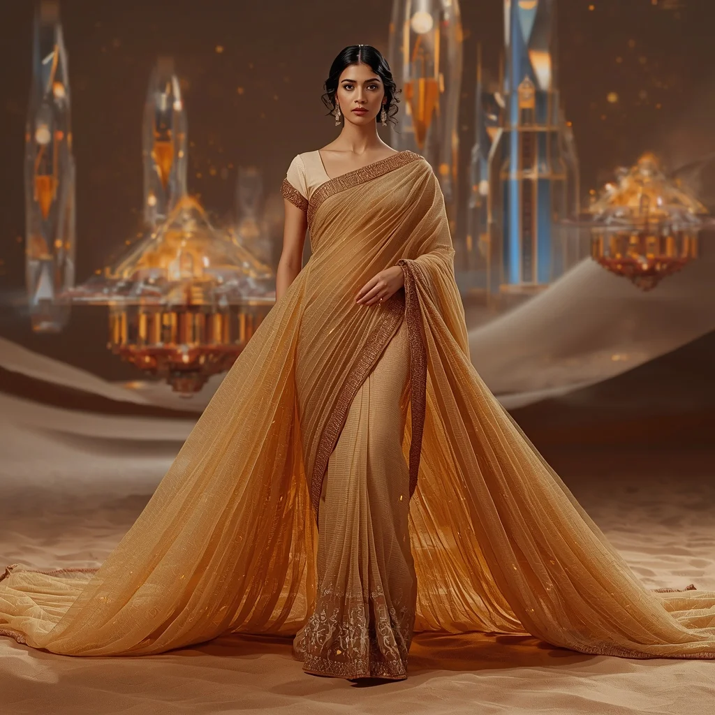 Crystal Sand Dune Circuit Saree with Desert Tech Infinity Megacity | Desi Girl Ai Prompt