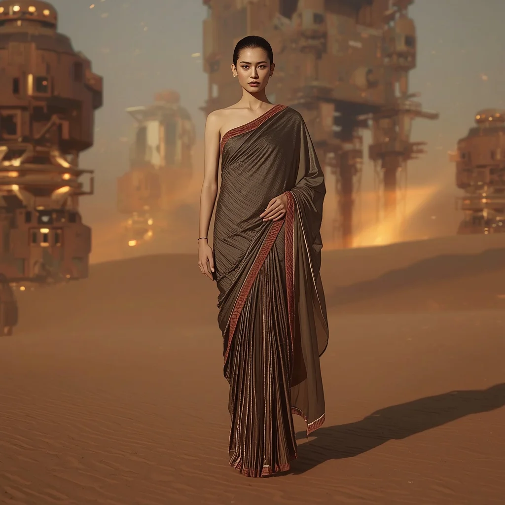 Crystal Sand Neural Armor Saree with Dune Machine Field | South Indian Prompt For Gemini Girl Instagram