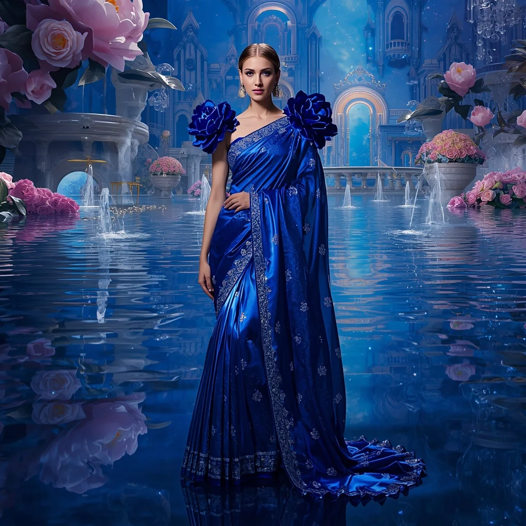 Crystal Sapphire Camellia Palace Saree with Reflection Bloom Realm | Prompt Seen Girl Photo Editing ChatGPT