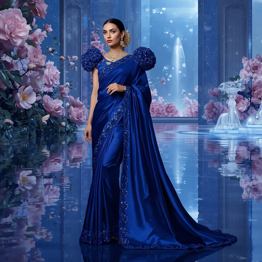 Crystal Sapphire Camellia Palace Saree with Reflection Bloom Realm | Prompt Ai For Girl Aesthetic