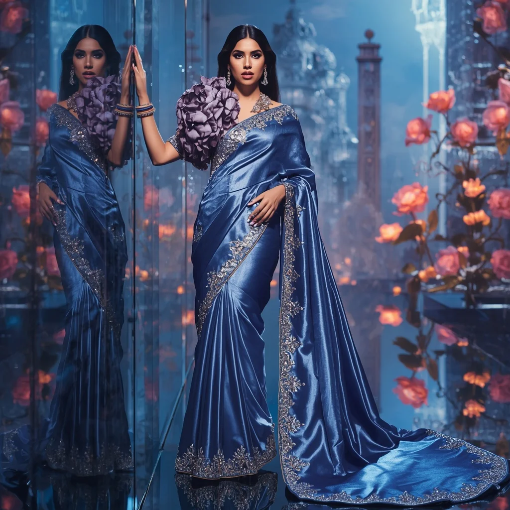Crystal Sapphire Camellia Palace Saree with Reflection Bloom Realm | Ideogram Ai Prompt