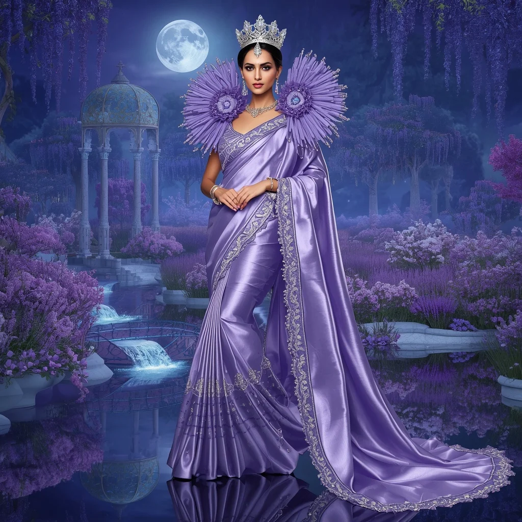 Crystal Sapphire Lavender Cascade Saree with Moonlit Floral Gardens | Trending Prompt