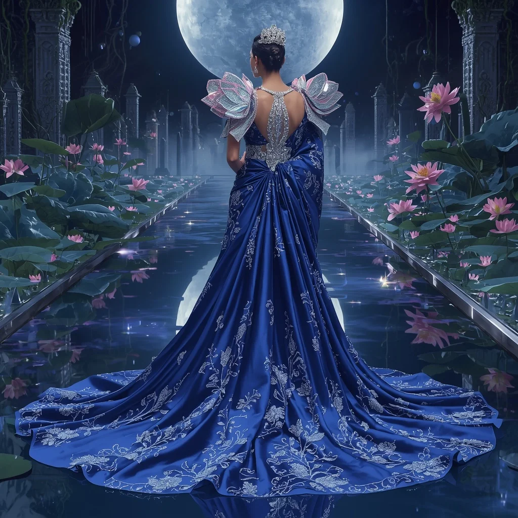 Crystal Sapphire Lotus Waterfall Saree with Moon Garden Reflection Palace | Gemini Ai Photo Prompt Copy Paste