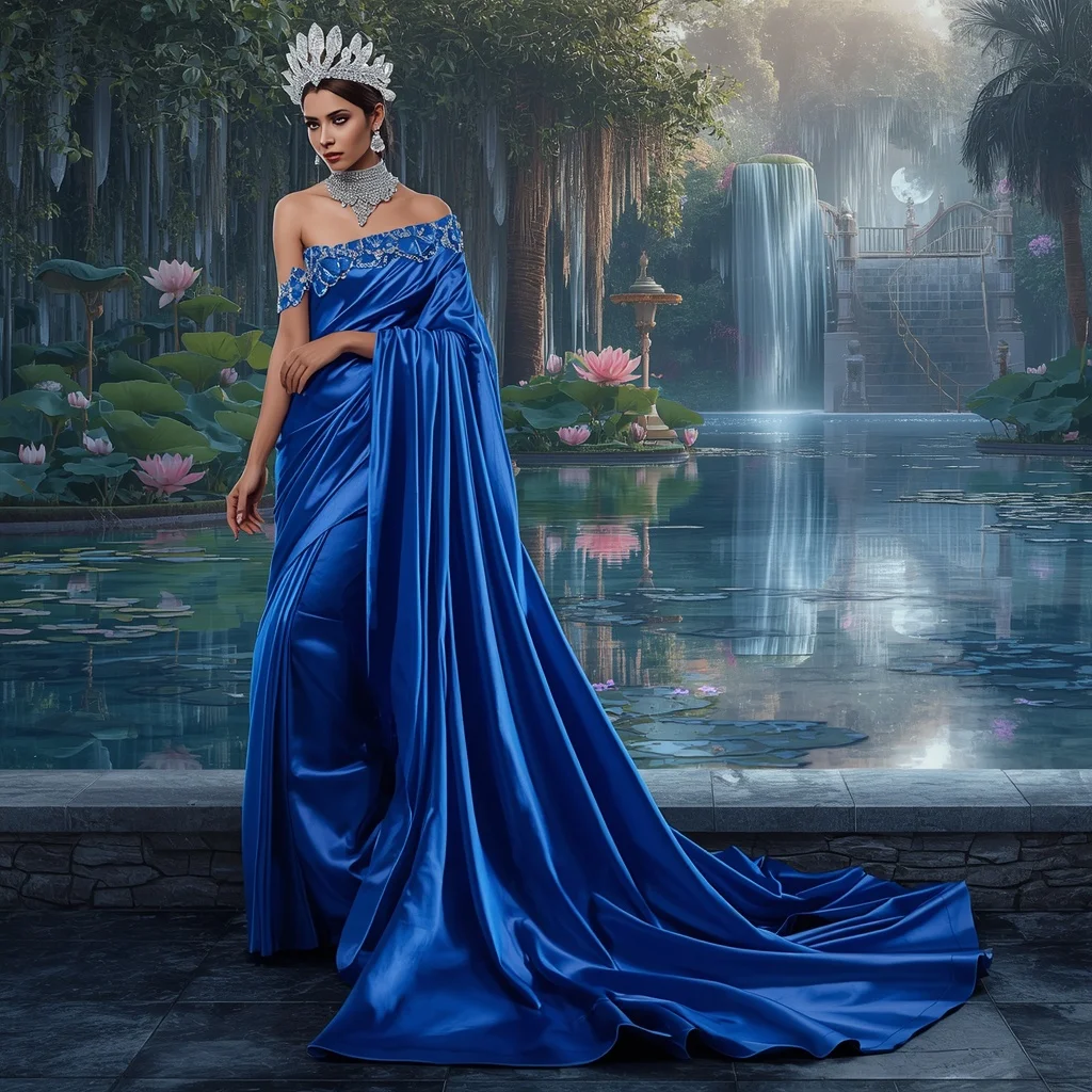 Crystal Sapphire Lotus Waterfall Saree with Moon Garden Reflection Palace | Instagram Profile Pic Ai Prompt