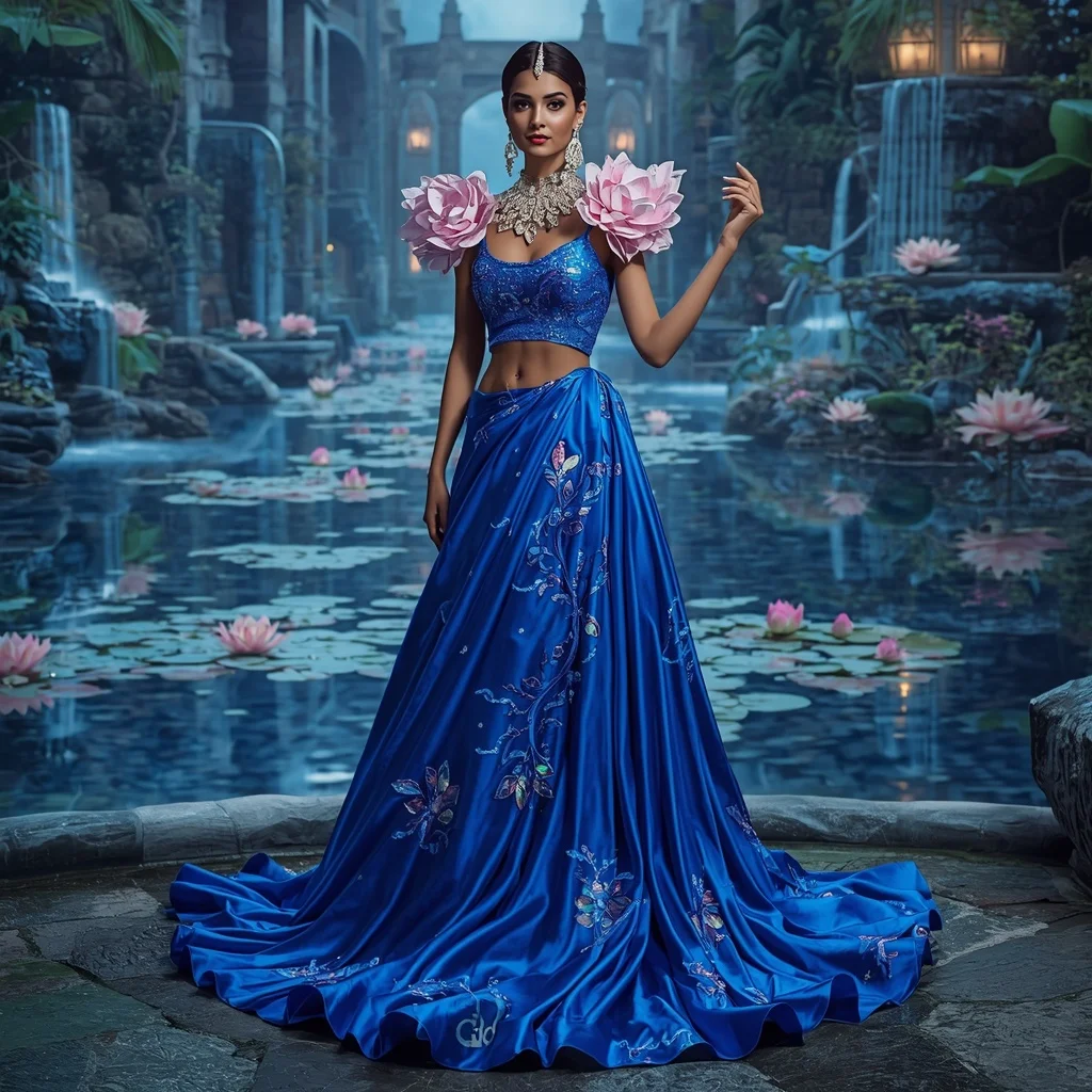Crystal Sapphire Lotus Waterfall Saree with Moon Garden Reflection Palace | 3d Animation Ai Prompt