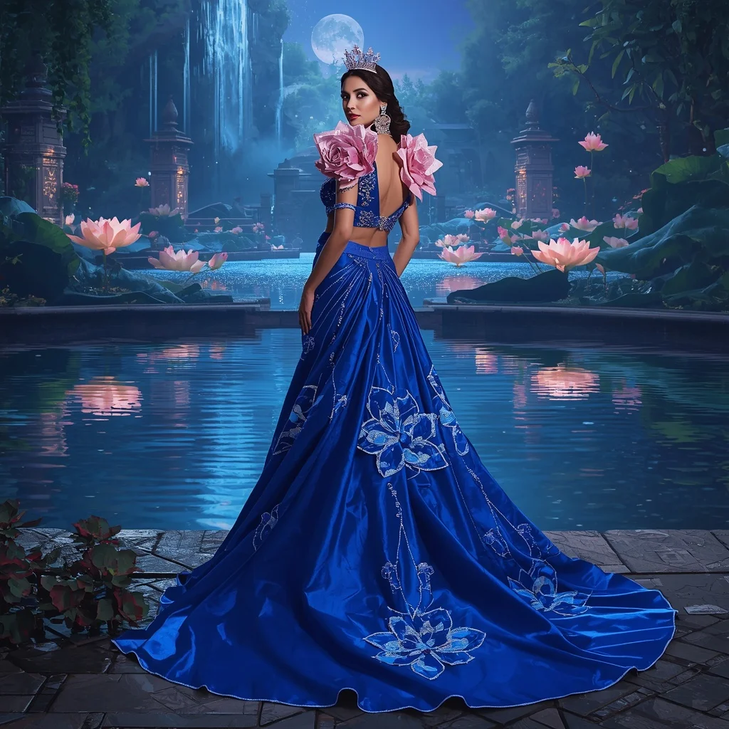 Crystal Sapphire Lotus Waterfall Saree with Moon Garden Reflection Palace | Instagram Prompt For Traditional Look For Girl
