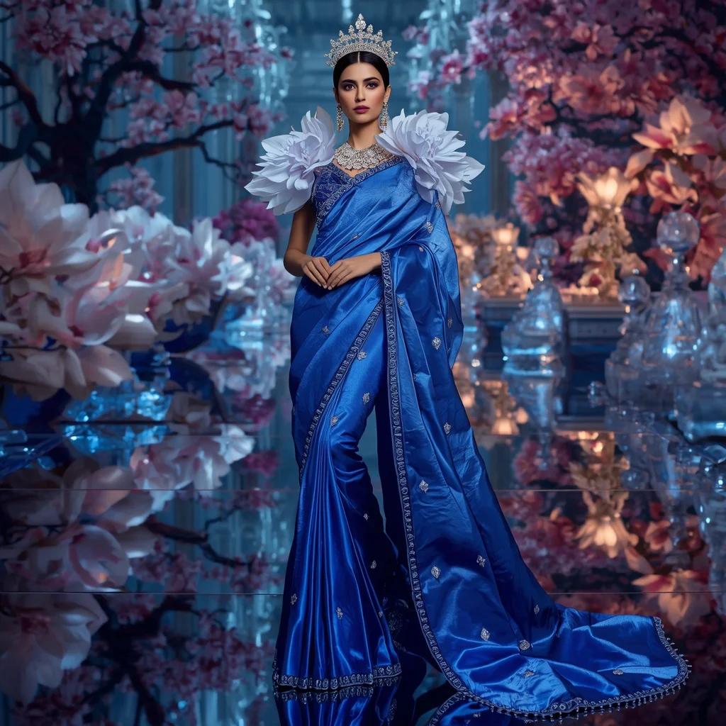 Crystal Sapphire Magnolia Palace Saree with Reflection Bloom Kingdom | Attitude Girl Prompt