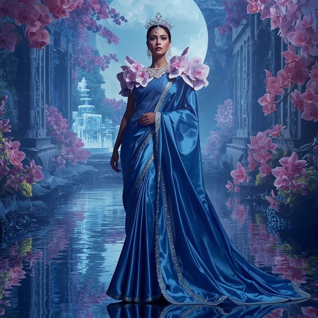 Crystal Sapphire Moon Orchid Saree with Celestial Reflection Valley | Travel Ai Prompt