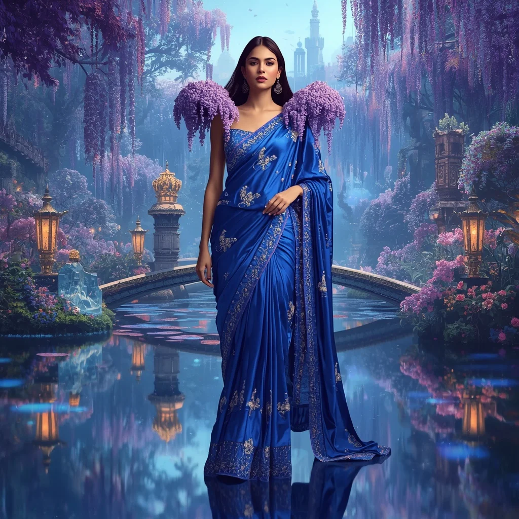 Crystal Sapphire Wisteria Saree with Reflection Garden Kingdom | Prompt Seen Girl Photo Editing Chatgpt Download