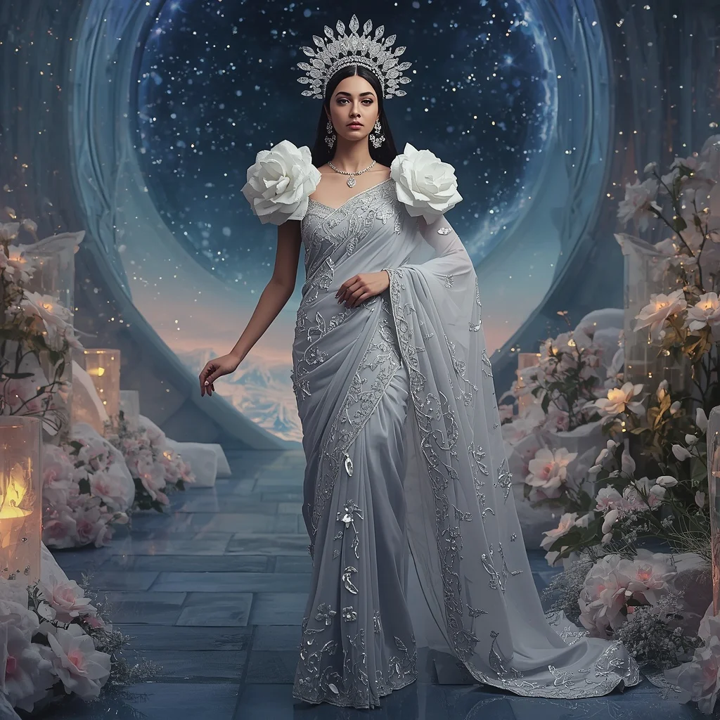 Crystal Silver Camellia Universe Saree with Frozen Star Empire | Instagram Profile Pic Ai Prompt