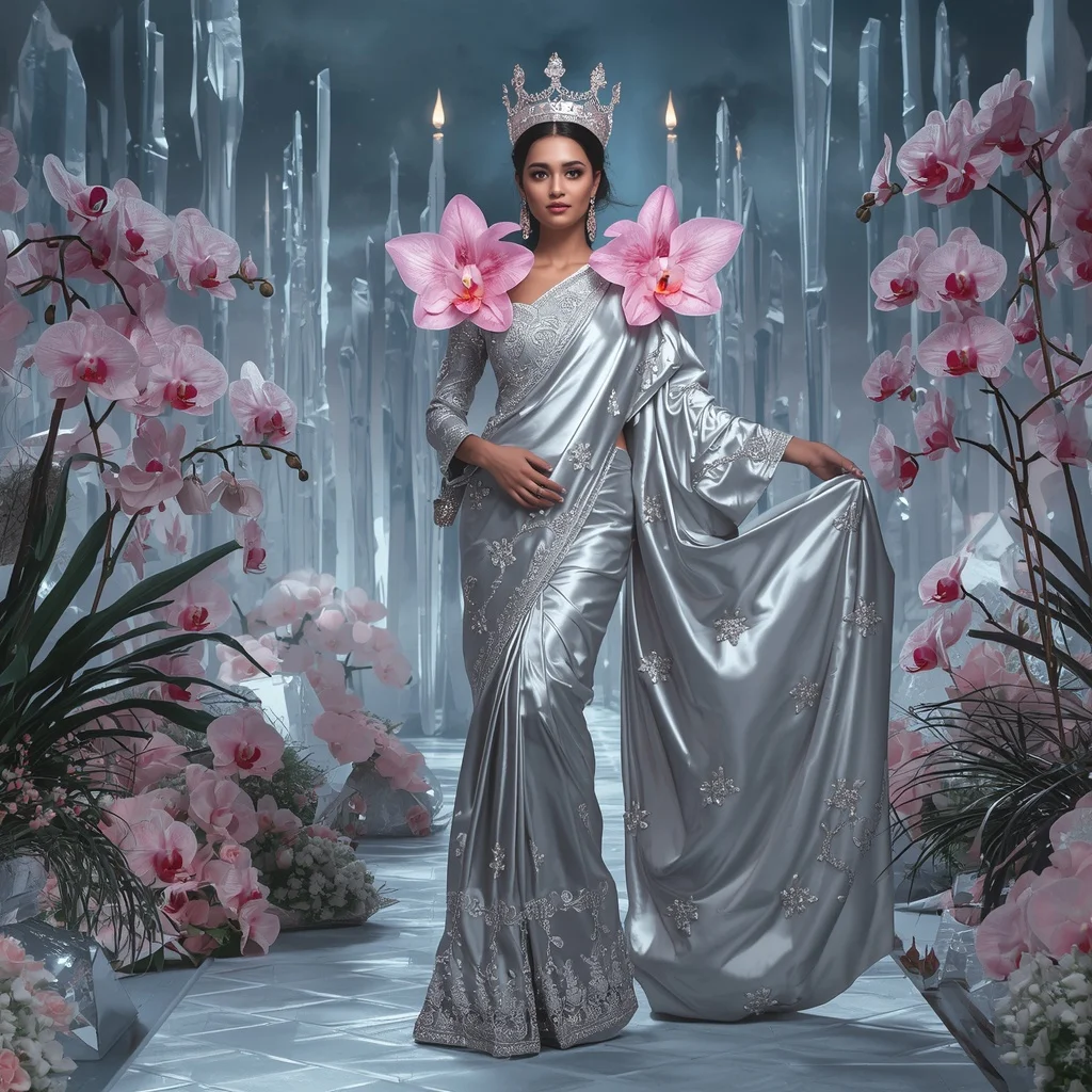 Crystal Silver Orchid Fortress Saree with Frozen Bloom Kingdom | Leonardo Ai Image Prompt