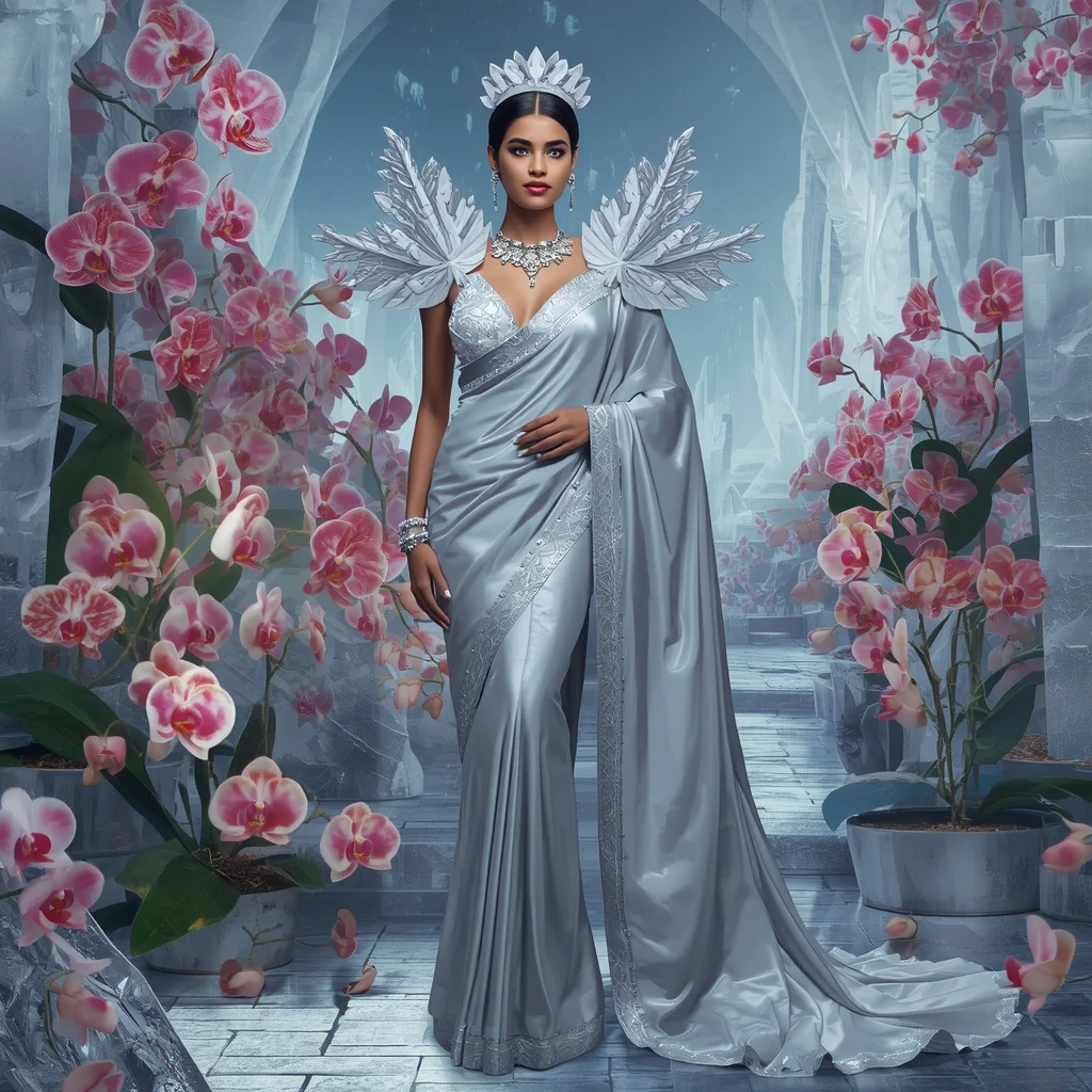 Crystal Silver Orchid Fortress Saree with Frozen Bloom Kingdom | Sora Ai Prompt