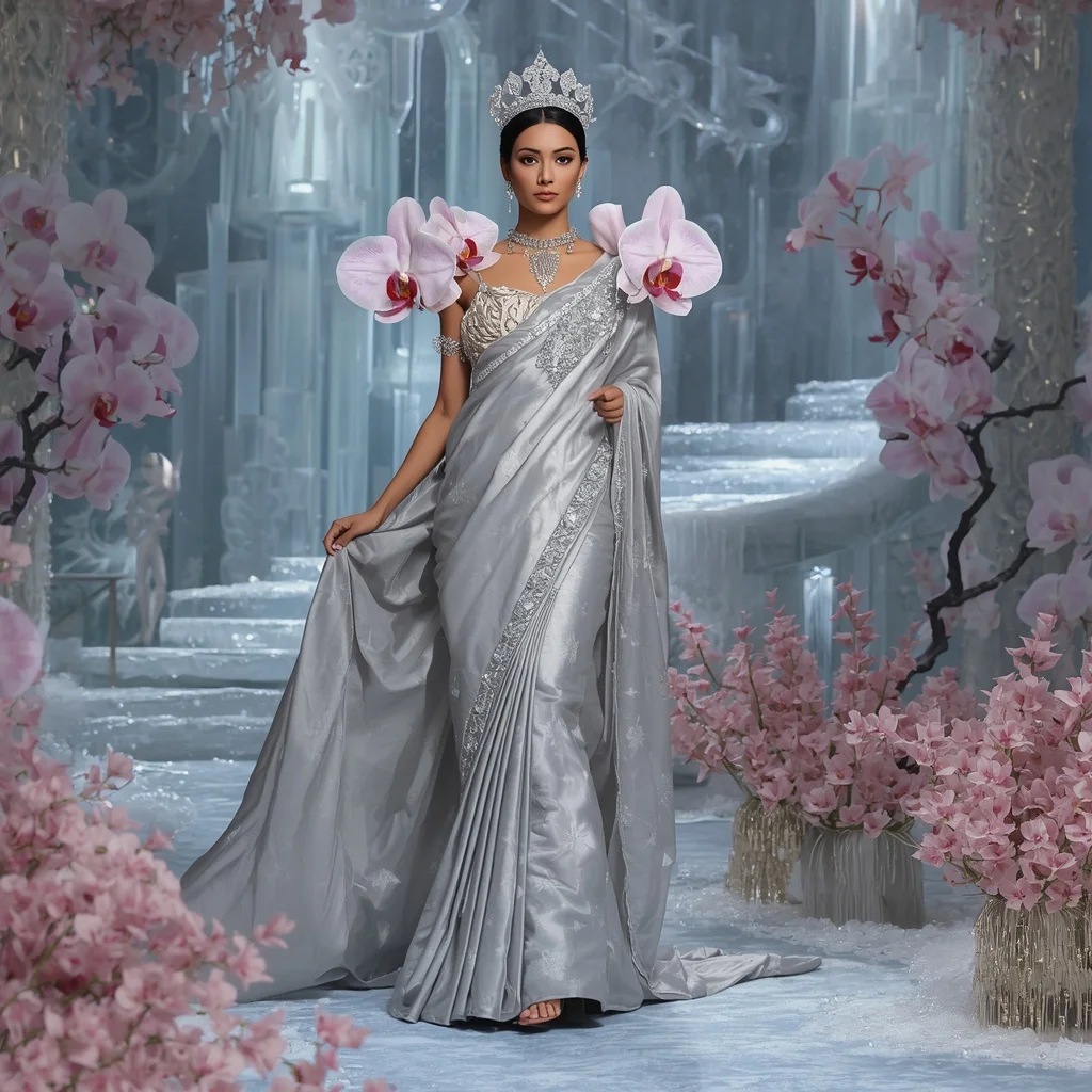 Crystal Silver Orchid Fortress Saree with Frozen Bloom Kingdom | Motivation Ai Prompt