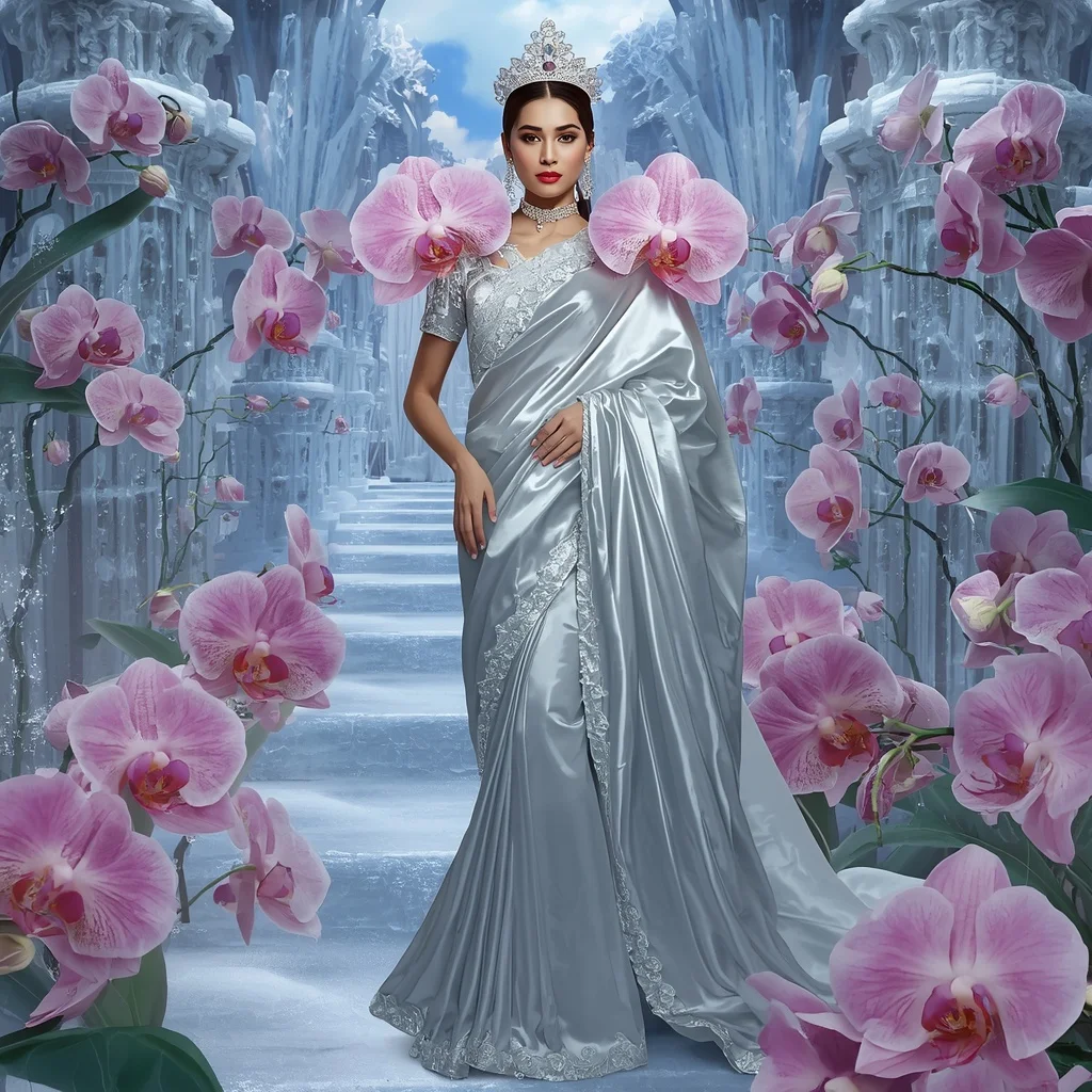 Crystal Silver Orchid Fortress Saree with Frozen Bloom Kingdom | Ai Gemini Prompt