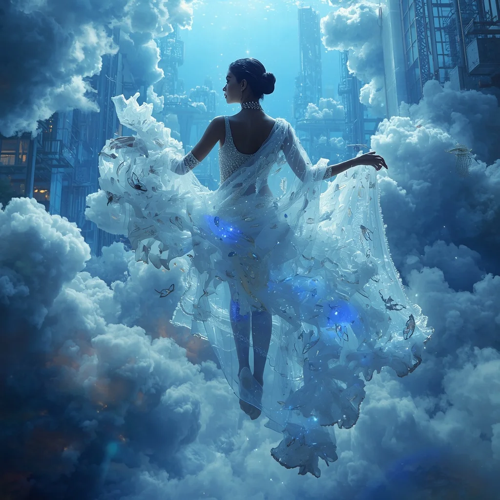Crystal Sky Aquarium Saree with Floating Cloud Reef Metropolis | Gemini Photo Prompt