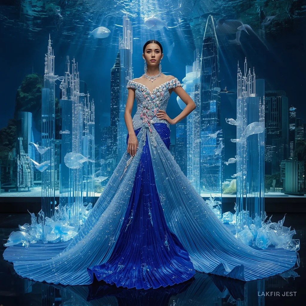 Crystal Skyline Aquarium Saree with Floating Transparent Ocean Towers | Gemini Photo Editing Prompt