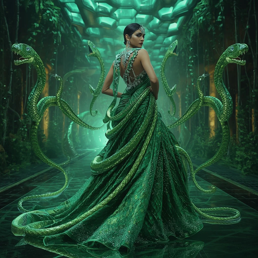 Crystal Snake Garden Saree with Floating Emerald Labyrinth Jungle | Fitness Model Ai Prompt