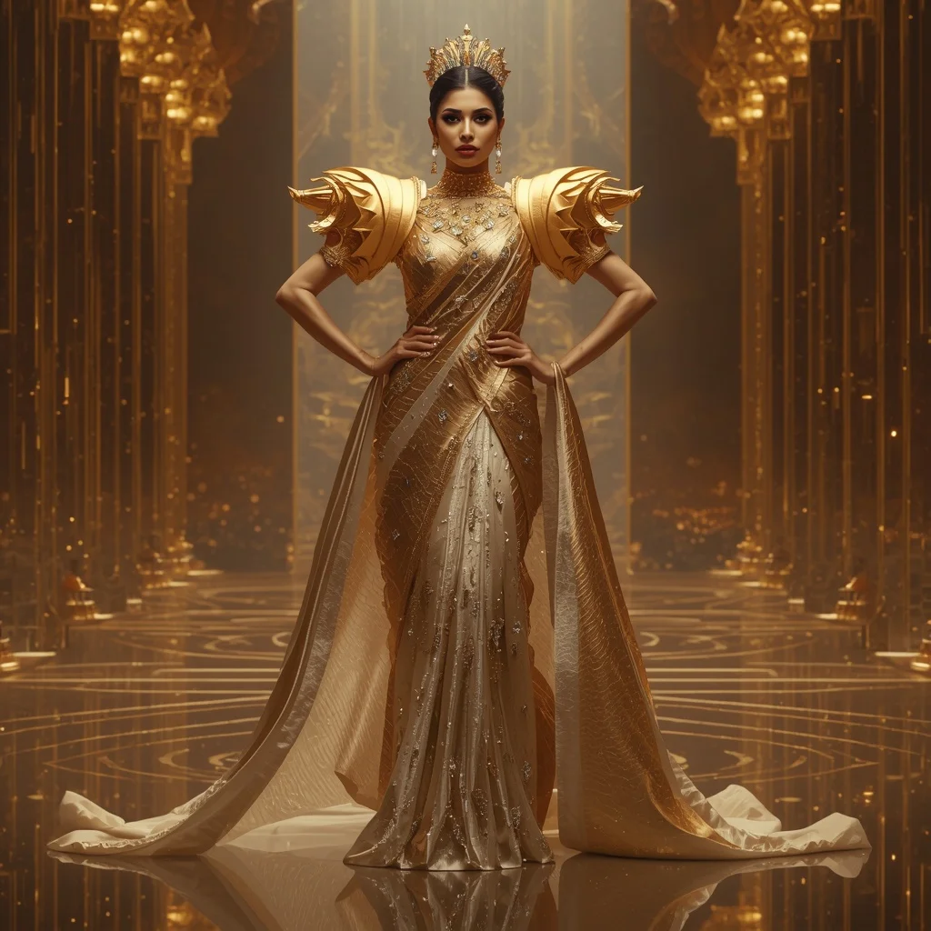Crystal Solar Crown Citadel Saree with Golden Infinity Empire | Prompt Seen Girls AI Photo Editing