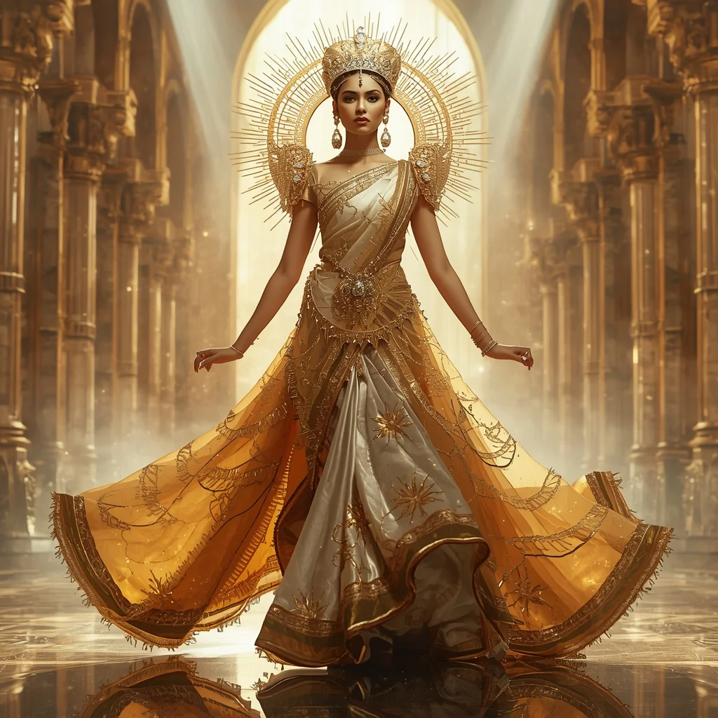 Crystal Solar Crown Labyrinth Saree with Golden Empire Citadel | Image To Prompt