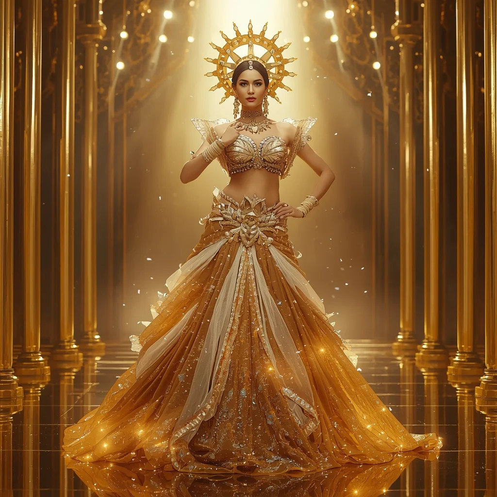Crystal Solar Crown Pyramid Saree with Golden Infinity Citadel | Korean Ai Prompt
