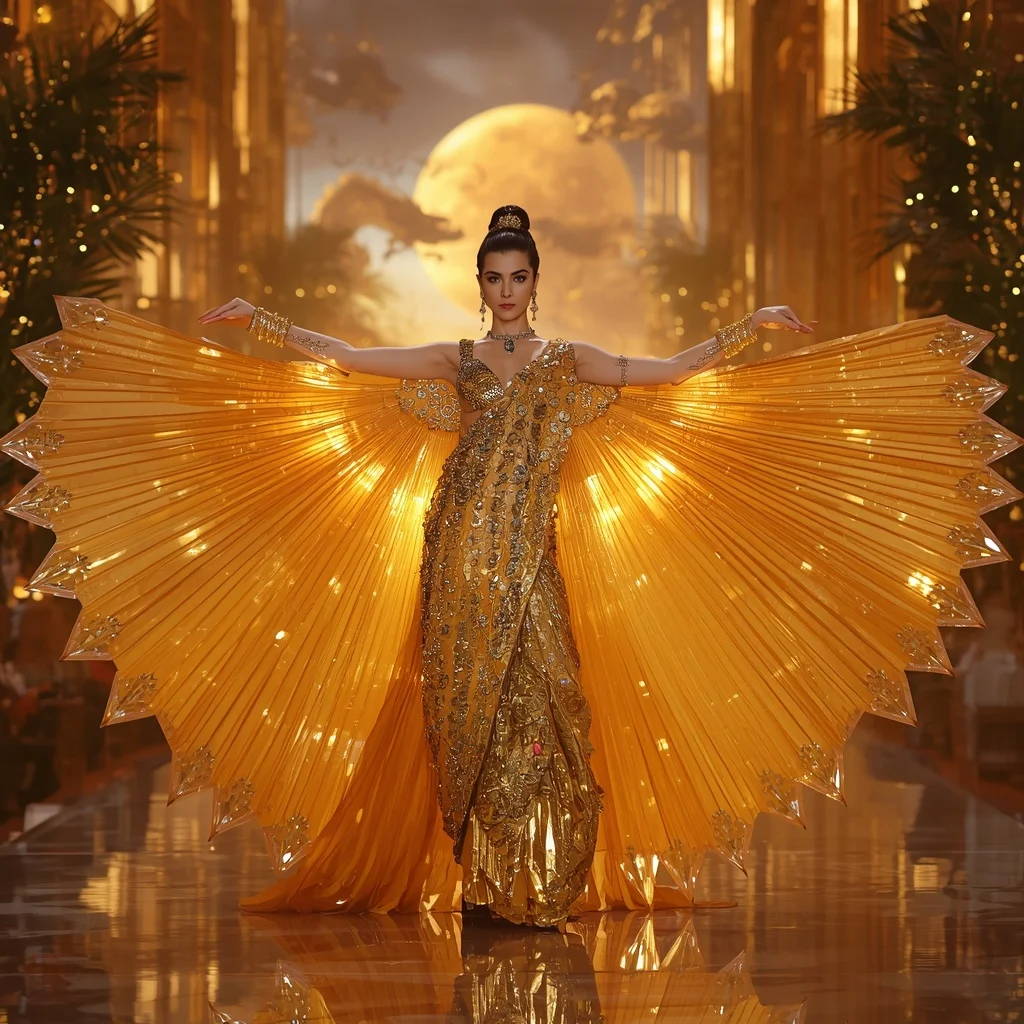 Crystal Solar Dragon Saree with Floating Golden Horizon Empire | Modern Design Ai Prompt