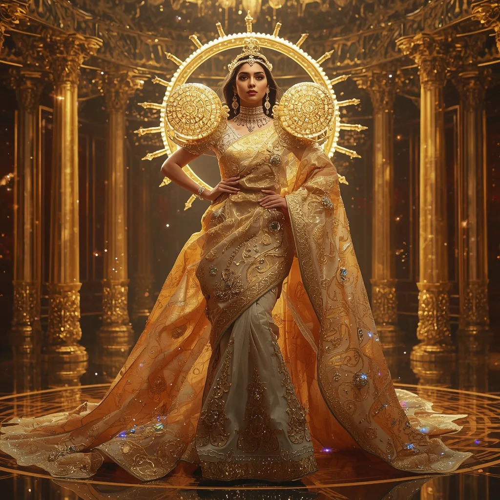Crystal Solar Observatory Saree with Golden Crown Kingdom | Prompt Image