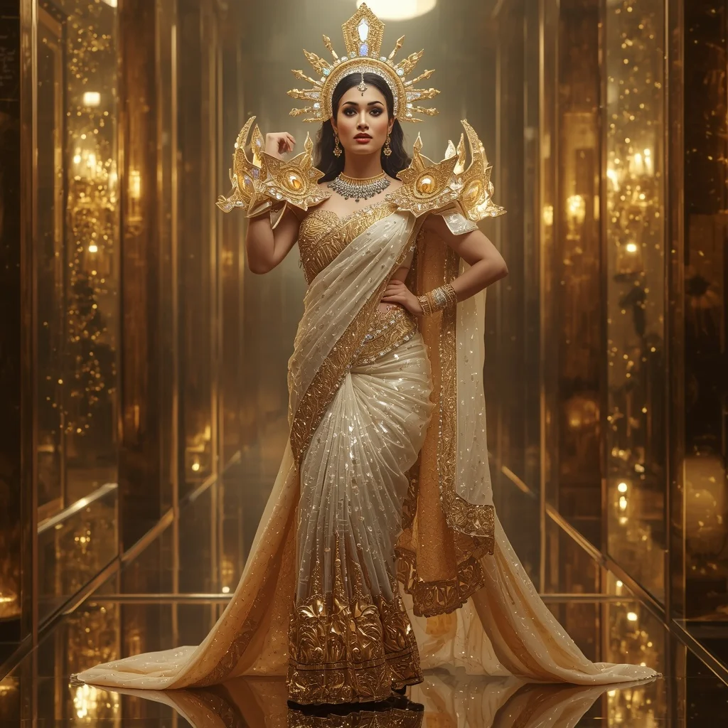 Crystal Solar Temple Crown Saree with Golden Celestial Kingdom | Prompt Seen Trending Girl AI Photo