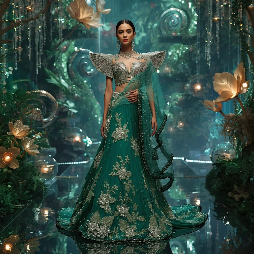 Crystal Spiral Garden Saree with Floating Botanical Architecture Universe | Modern Design Ai Prompt
