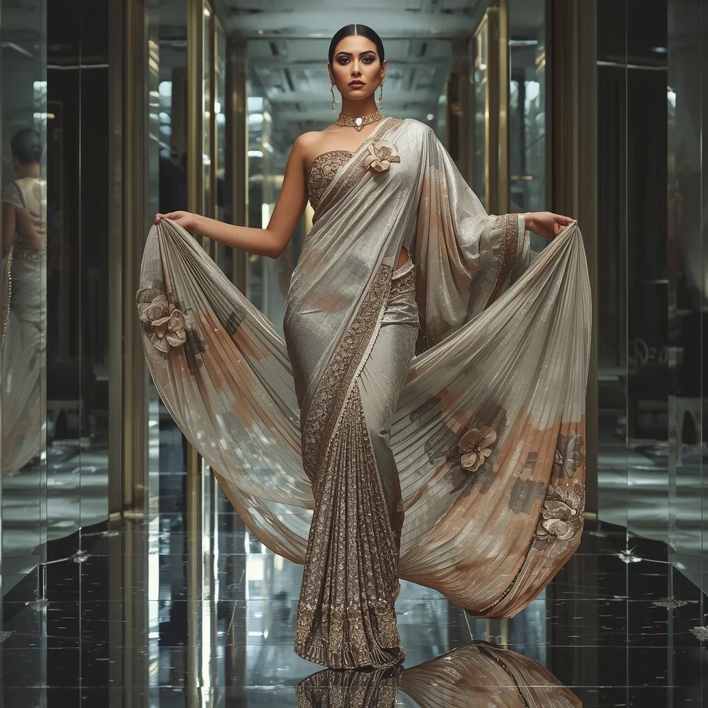 Crystal Spiral Orchid Saree with Curved Mirror Palace | Viral Instagram Ai Prompt