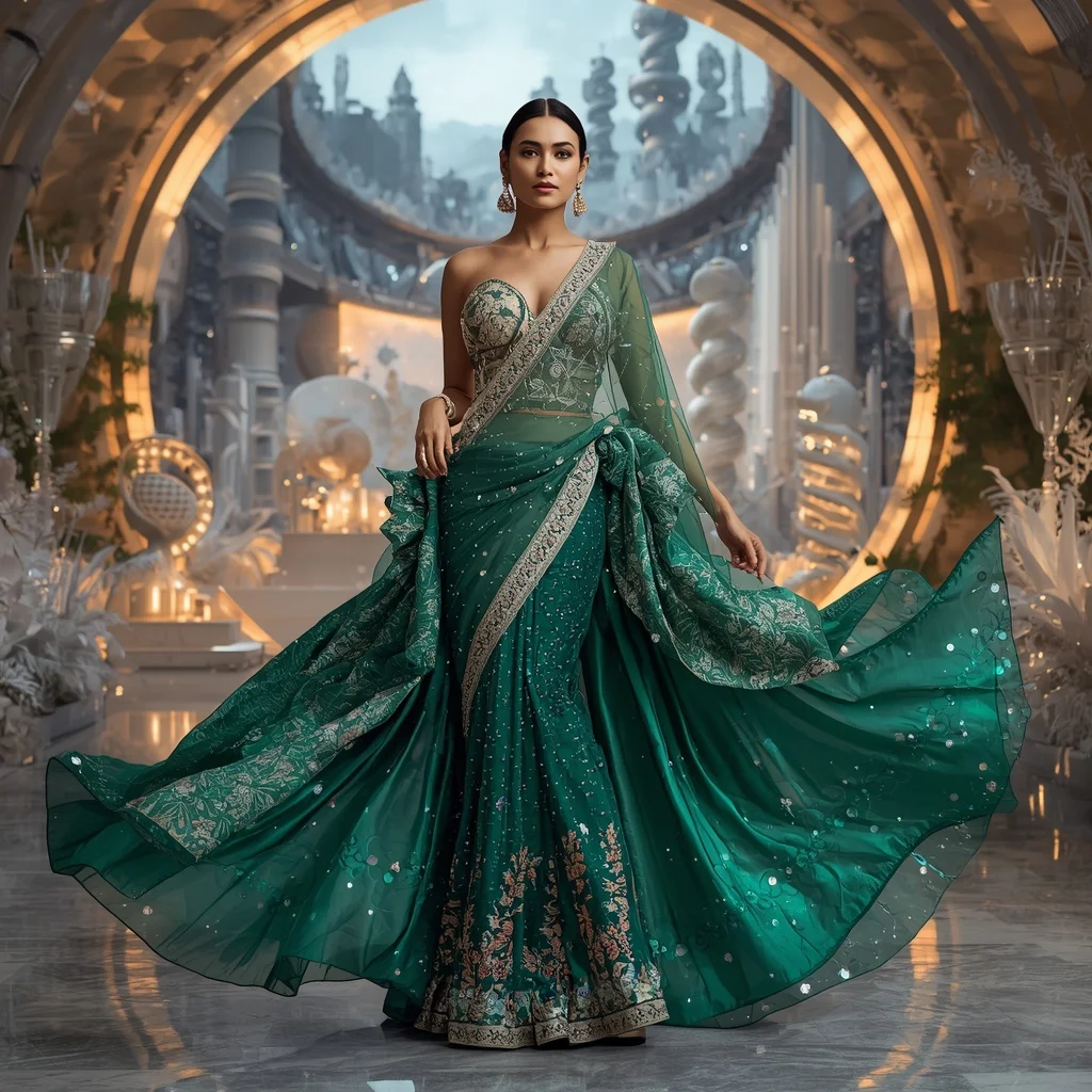 Crystal Spiral Pavilion Saree with Modern Architectural Garden City | Woman Pose Ai Prompt