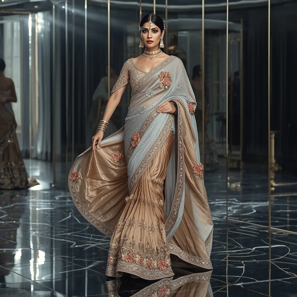 Crystal Spiral Rose Garden Saree with Curved Mirror Palace | Prompt Seen Girl Kurti
