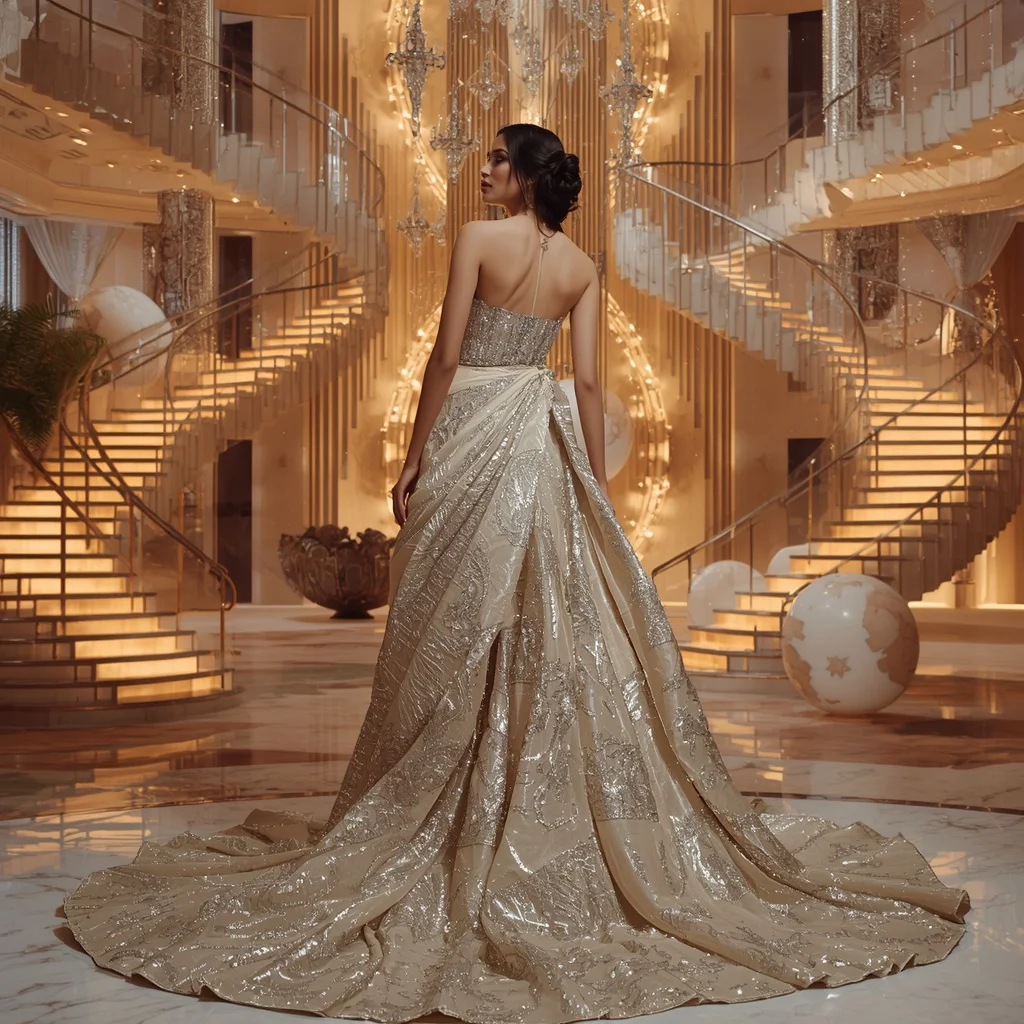 Crystal Spiral Staircase Saree with Floating Designer Palace | Sora Ai Prompt