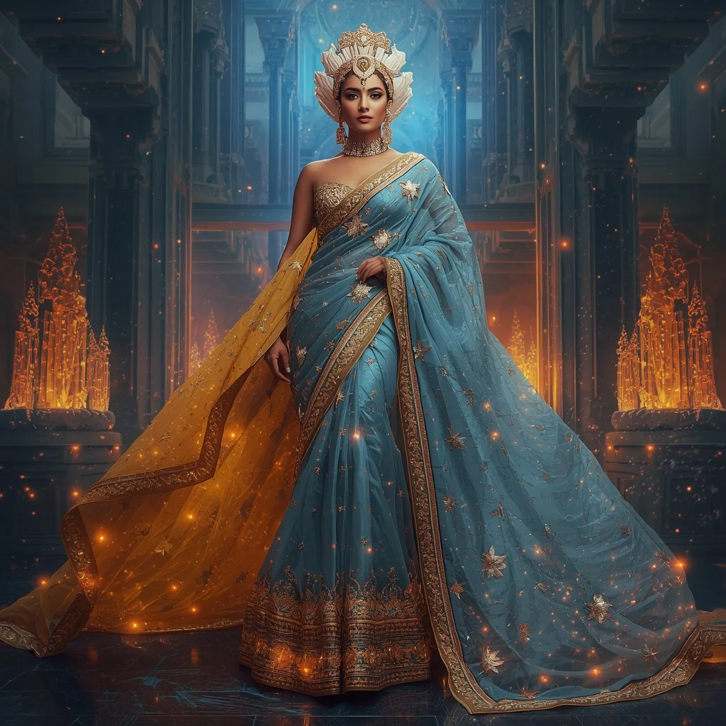 Crystal Starforge Saree with Cosmic Weaponry Royal Empire | Prompt For Gemini