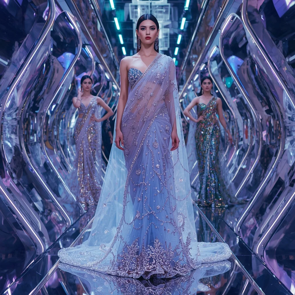 Crystal Storm Hyperverse Infinity Saree with Five Thousand Editorial Poses and Infinity Hologram Eternal Hyperworld | Prompt Generator