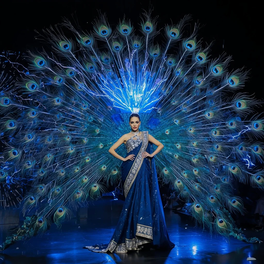 Crystal Storm Peacock Saree with Electric Feather Kingdom | Prompt Seen Trending Girl AI Photo