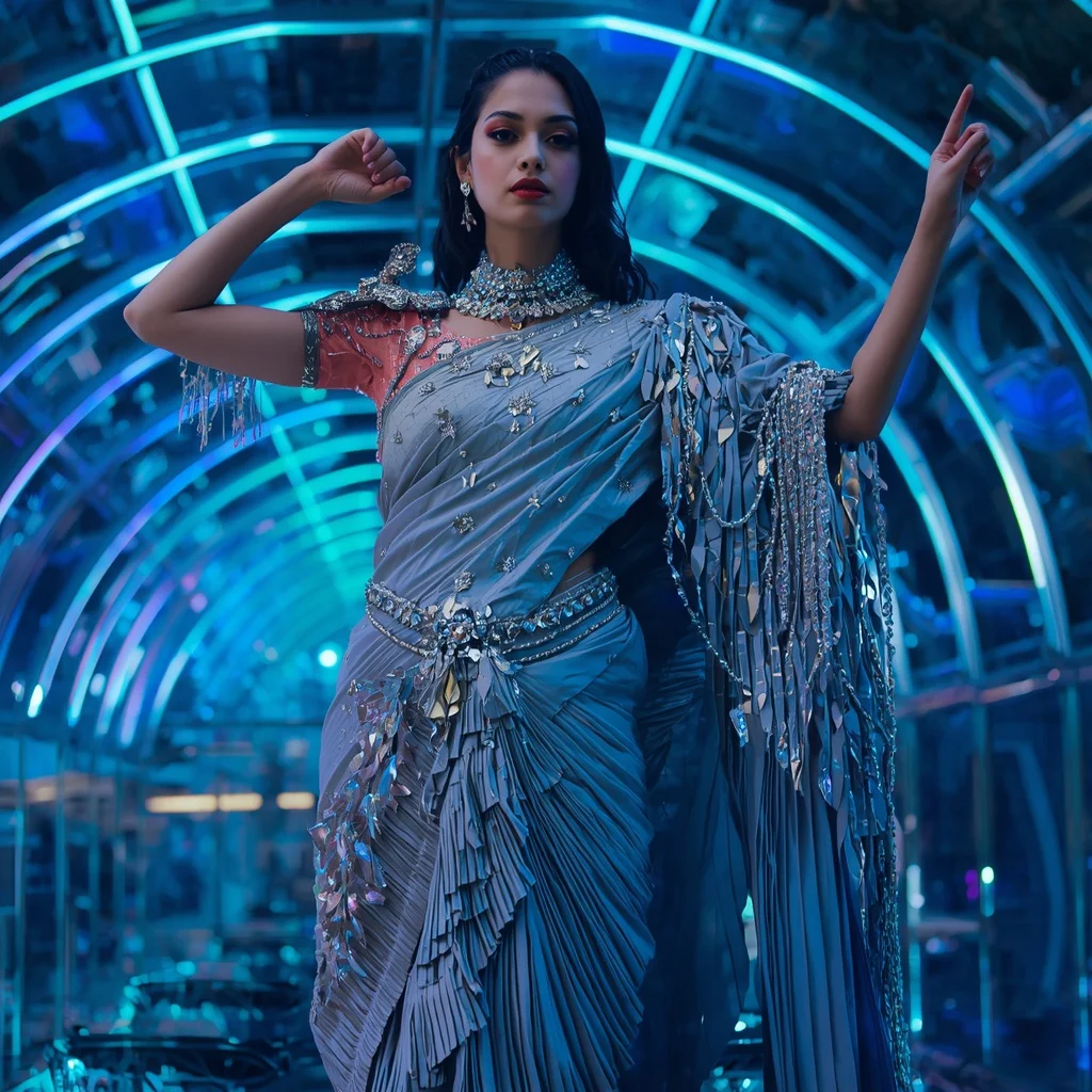 Crystal Storm Queen Saree with Infinity Ribbon Reflection Observatory | Girl Prompt
