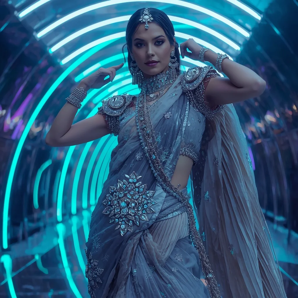 Crystal Storm Royale Saree with Infinity Ribbon Reflection Chamber | Character Design Ai Prompt