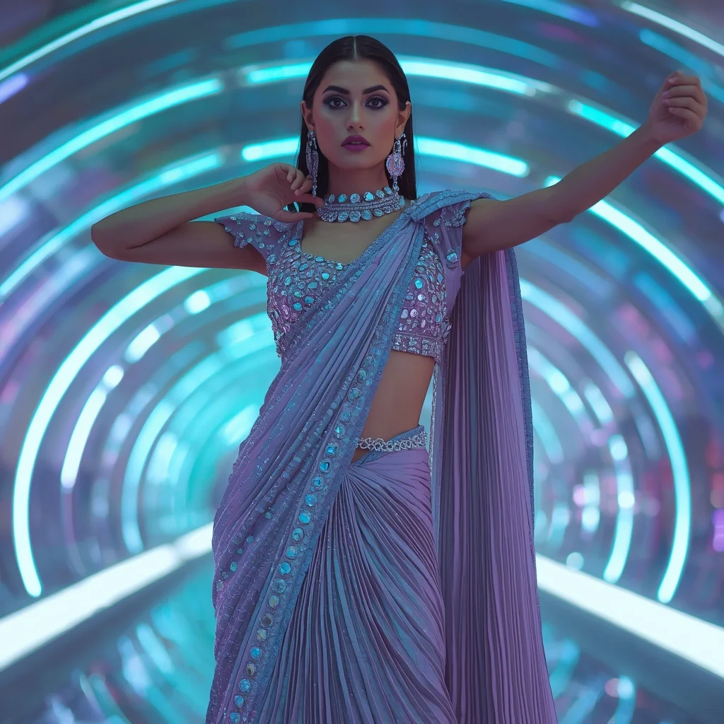 Crystal Storm Royale Saree with Infinity Ribbon Reflection Observatory | Female Model Ai Prompt