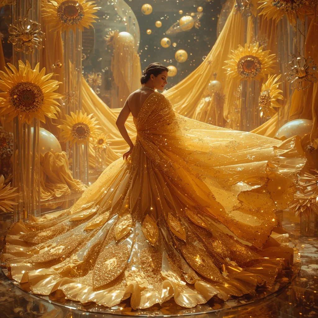 Crystal Sunflower Galaxy Saree with Floating Solar Bloom Kingdom | Gemini Ai Prompt