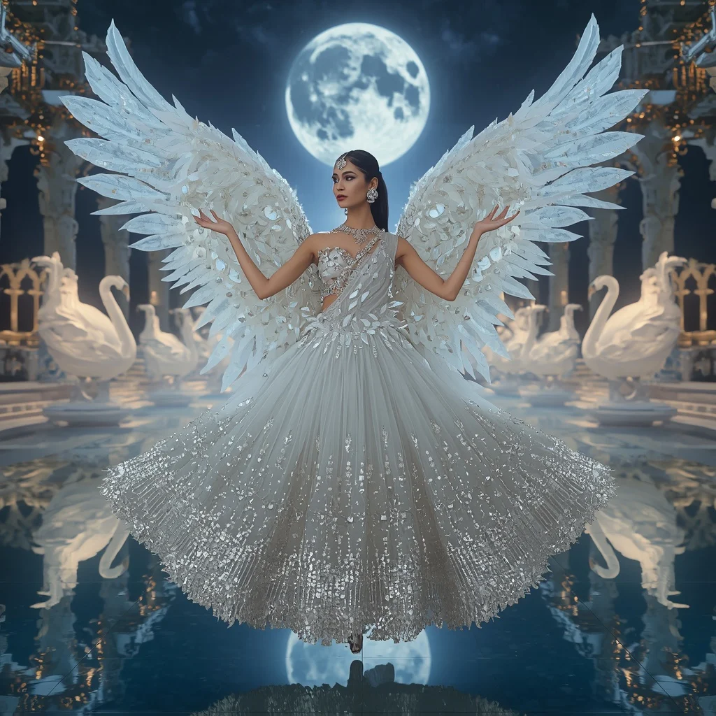 Crystal Swan Palace Saree with Floating Moon Reflection Empire | Hd Image Prompt