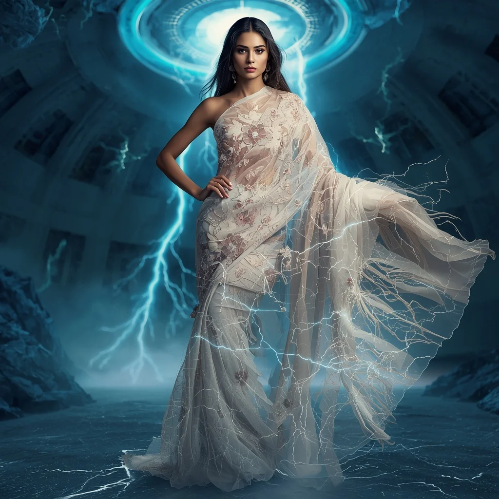 Crystal Thunder Silk Sky Saree with Electric Storm Dome | Best AI Art