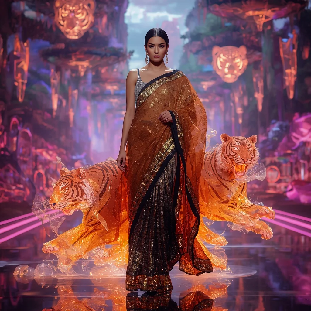 Crystal Tiger Armor Saree with Floating Neon Safari Empire | ChatGPT Photo Editing Prompts Trending Instagram For Girl