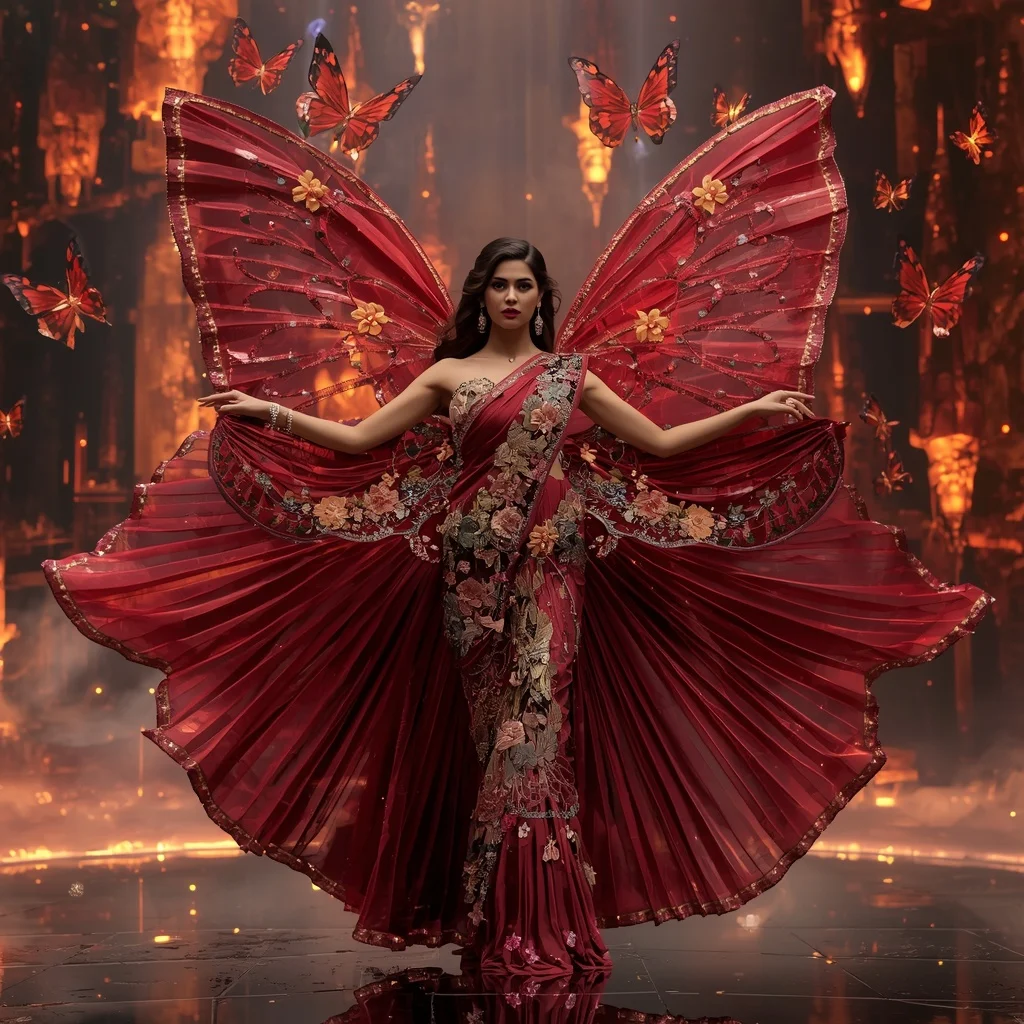 Crystal Volcano Butterfly Saree with Fire Bloom Megaverse Kingdom | Trending Prompt Girls ChatGPT