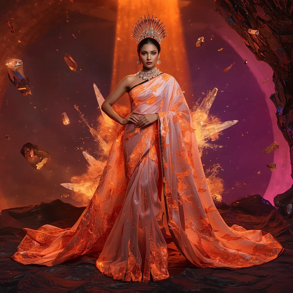Crystal Volcano Queen Saree with Lava Prism Core | Desi Girl Ai Prompt