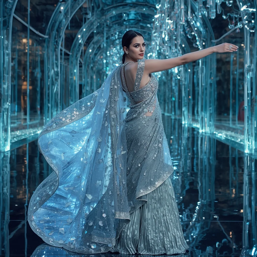 Crystal Water Tunnel Saree with Floating Aqua Light Universe | Happy Ai Prompt