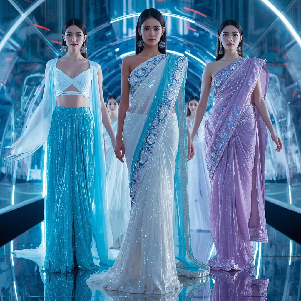 Crystal Waterfall Infinity Saree with Cinematic Runway Poses and Neon Glass Hyperverse | Prompt Chatgpt