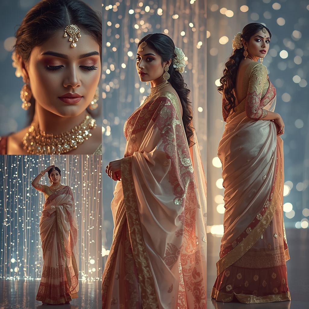 Crystal Waterfall Light Festival Fancy Saree Luxury Collage | Prompt Gemini Saree