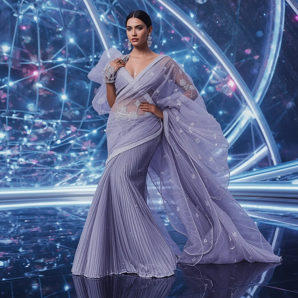 Crystal Web Designer Saree with Holographic Dome Space | Prompt Seen Girl Ai Photo Editing