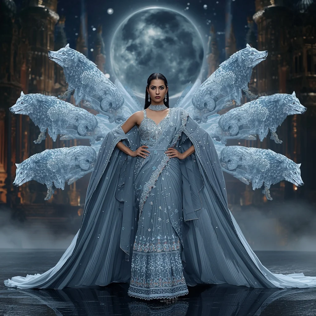 Crystal Wolf Moon Saree with Celestial Forest Fortress Kingdom | Influencer Ai Prompt