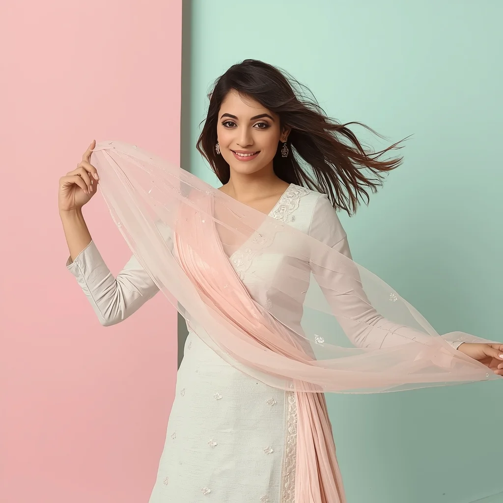 Cute Indian Girl Dupatta Spin Wrap Playful Pose | Prompt Generator